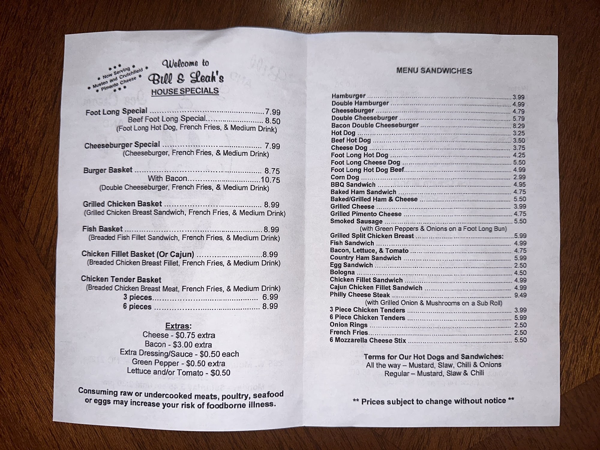 Bill and Leah’s Ice Cream and Cafe Menu