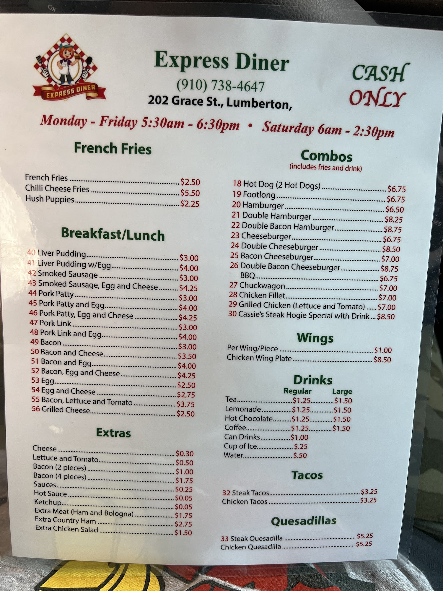 Express Diner Menu