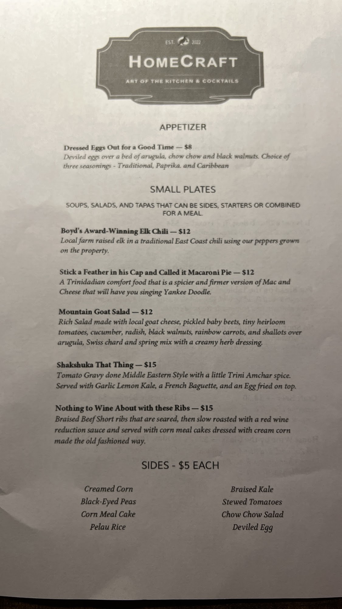 HomeCraft - Art of the Kitchen and Cocktails Menu