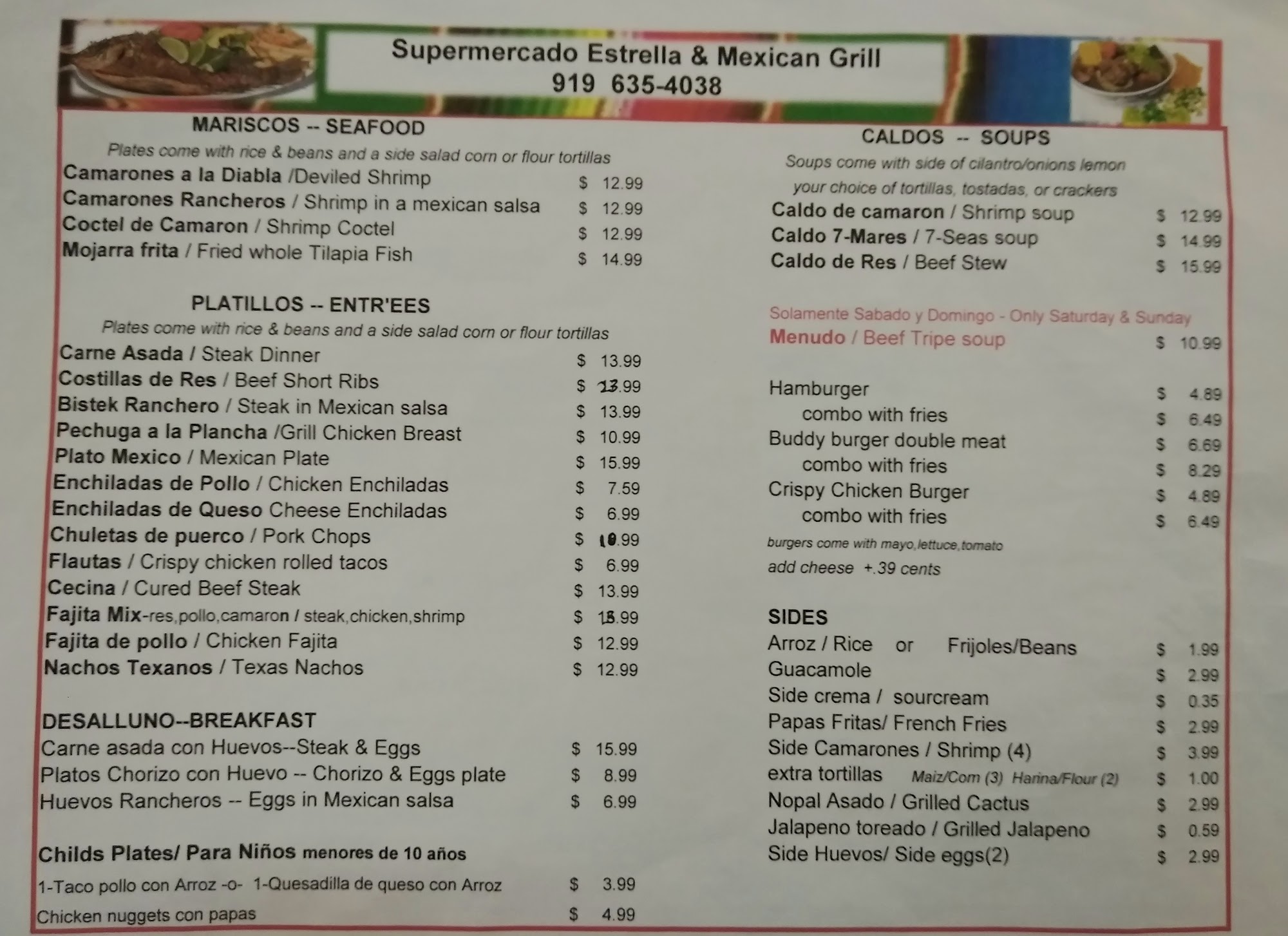 La Estrella Menu