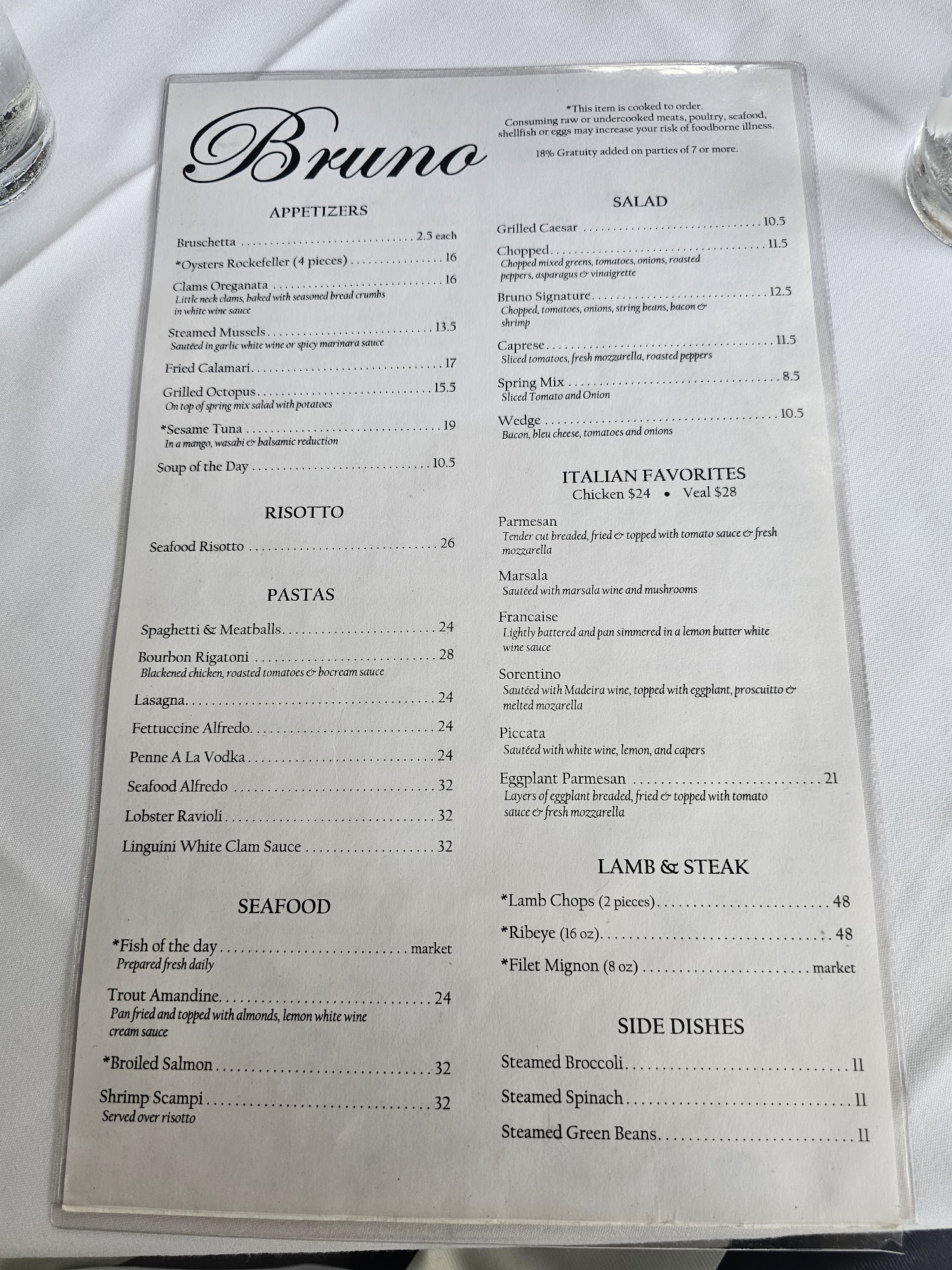 Bruno Seafood & Steaks Menu
