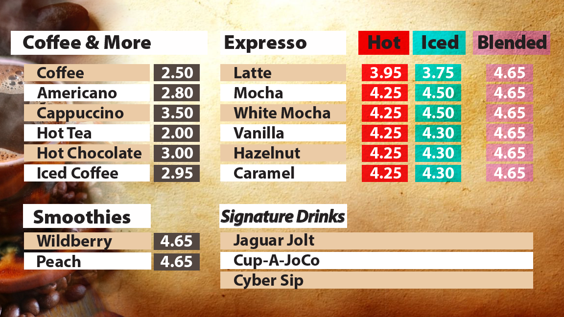 Cyber Cafe Express Menu