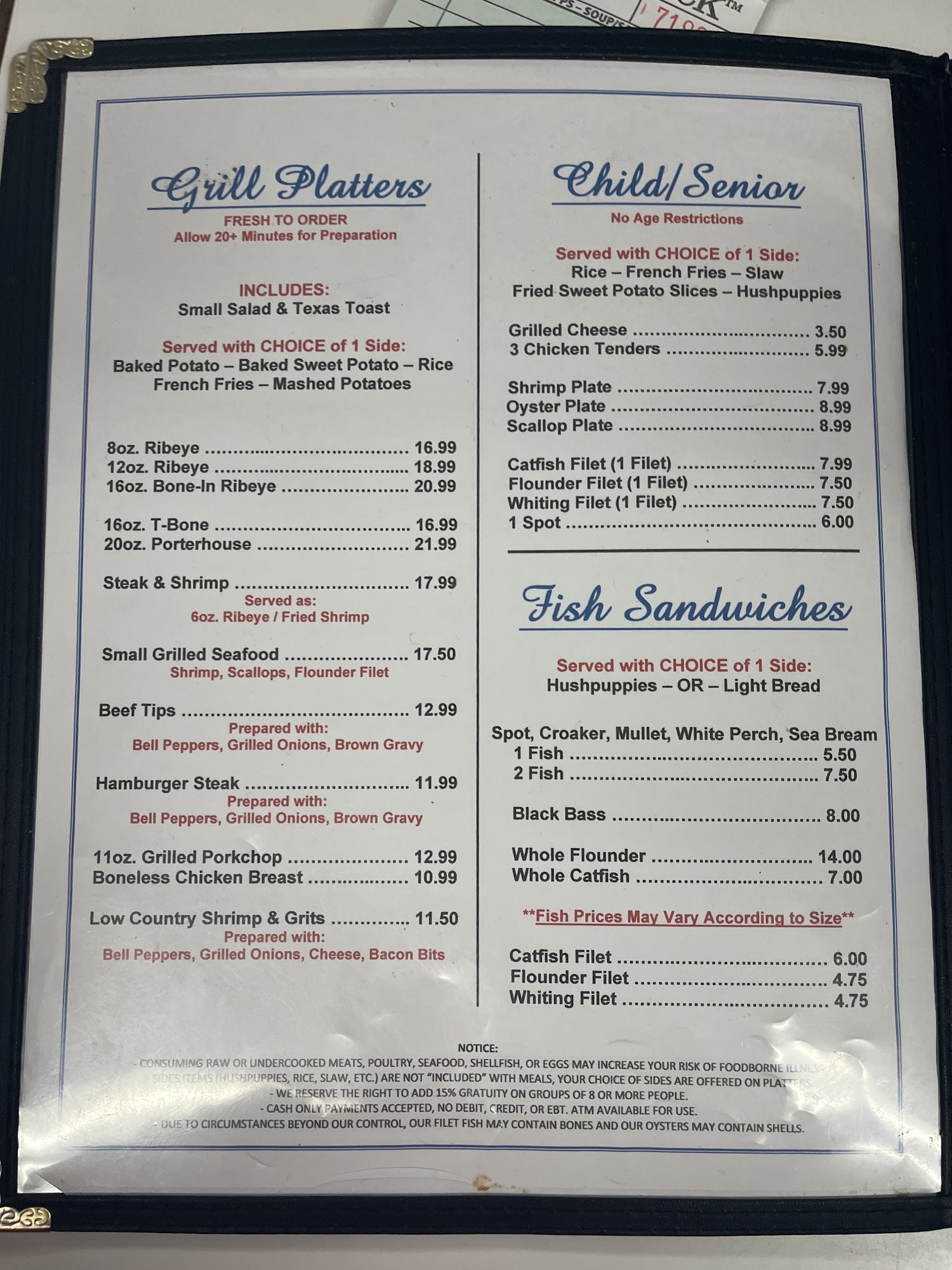 Friendly Seafood Menu