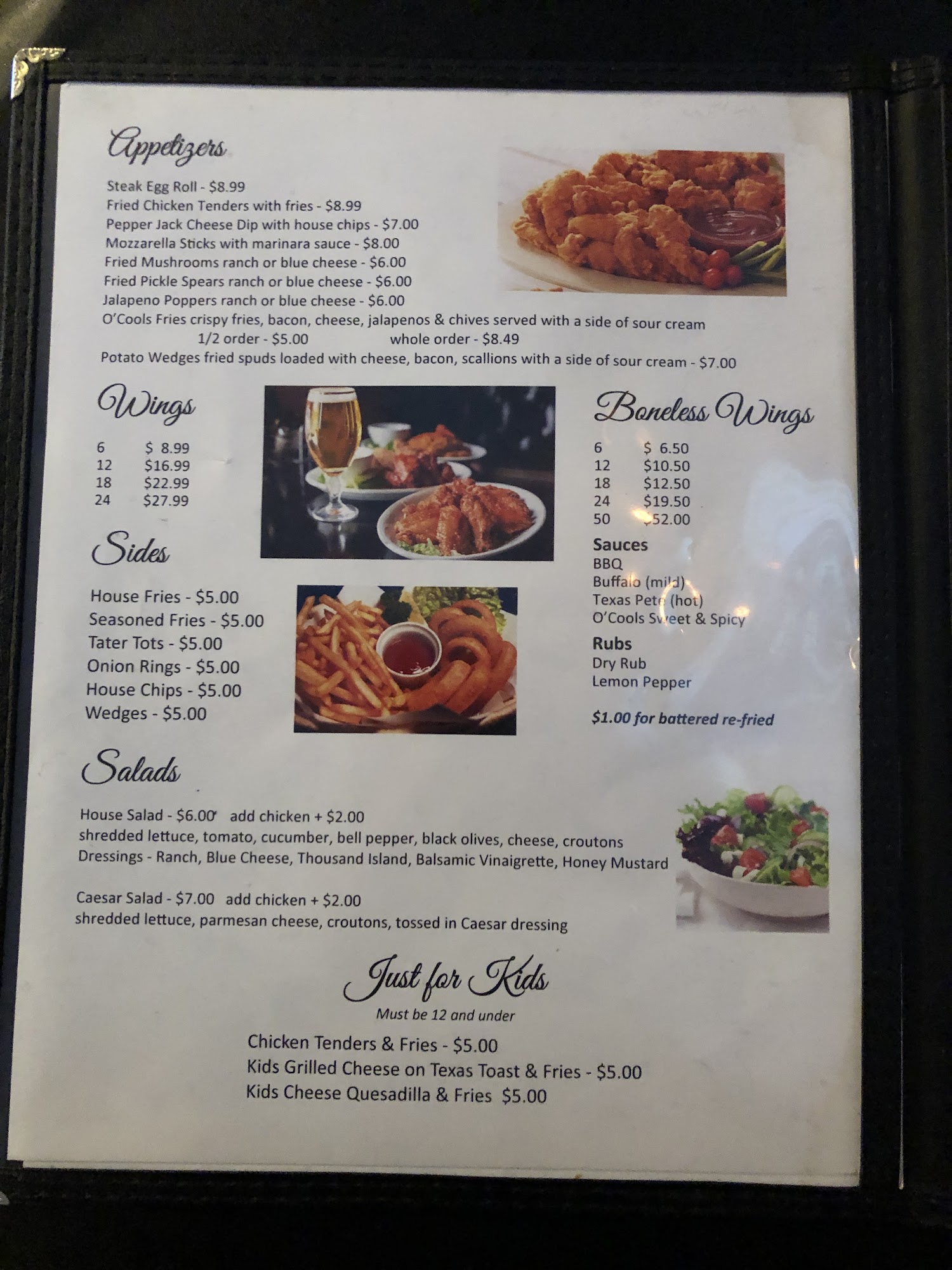 O'Cools Sports Bar Menu