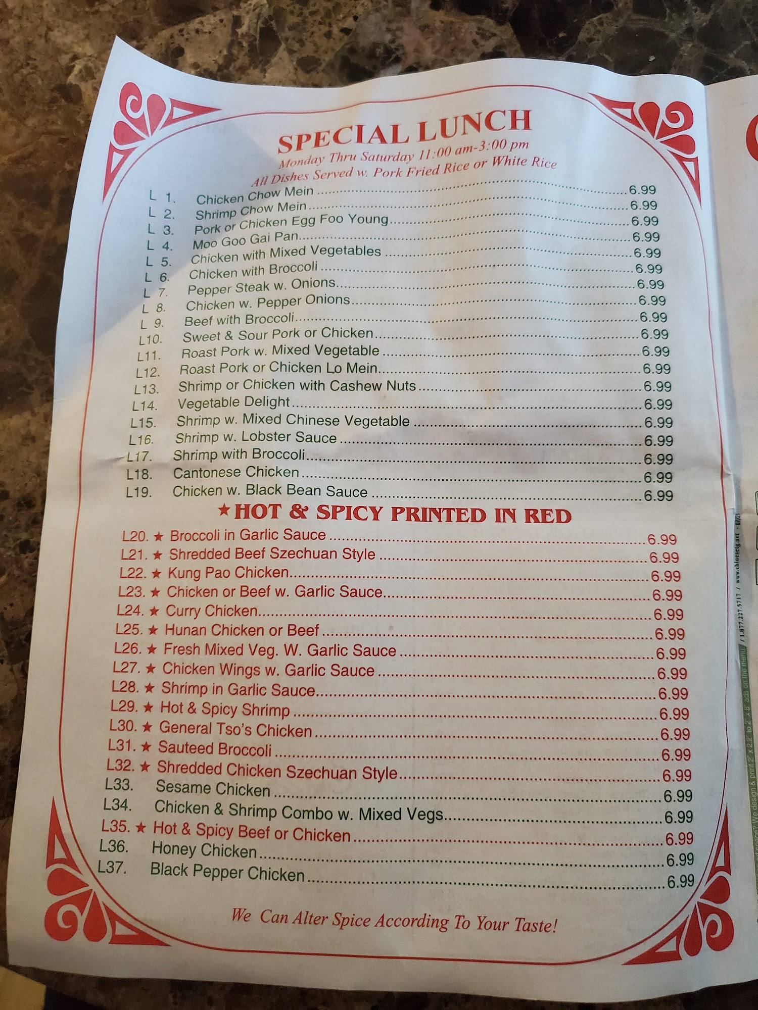Golden China Menu