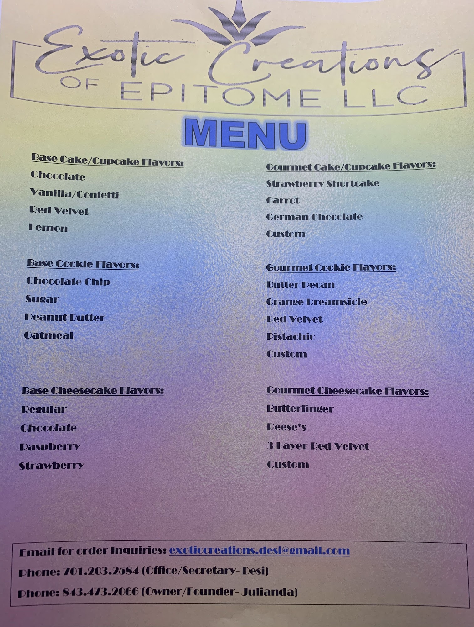 The Exotic Creations of Epitome LLC Menu