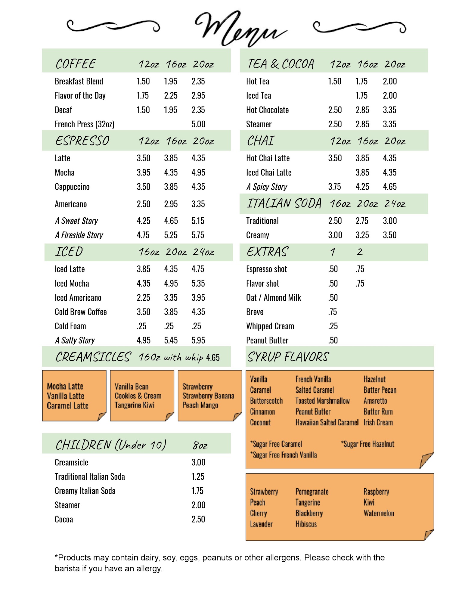 Stories Gathering Place Menu