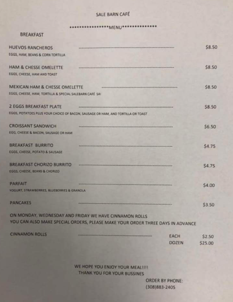 Sale Barn Cafe Menu