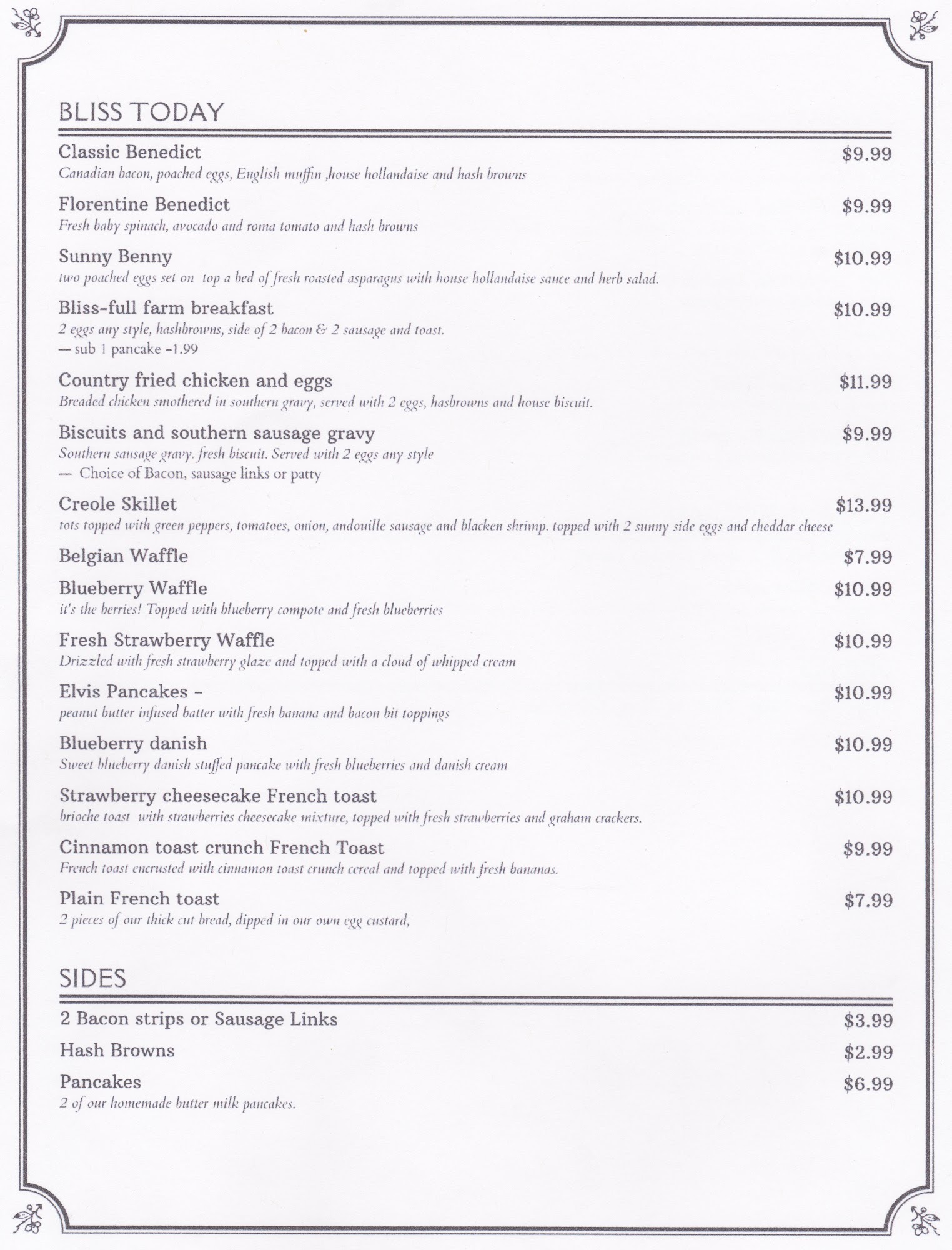 Bliss Scratch Kitchen Menu