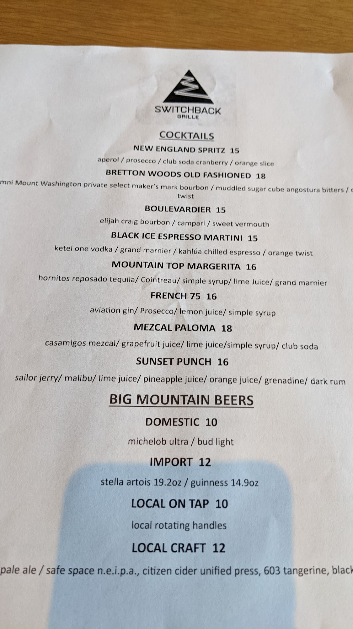 Switchback Grille Menu