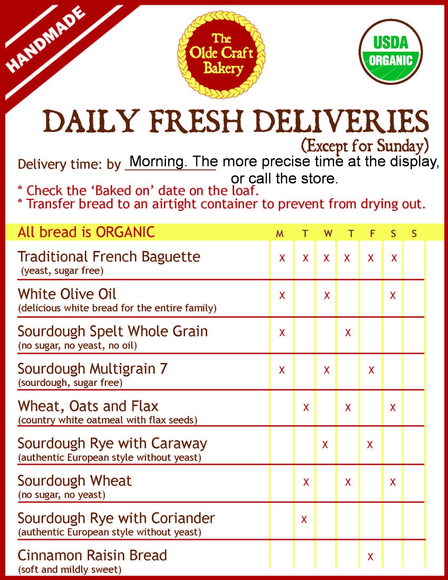 The Olde Craft Bakery, Organic Menu