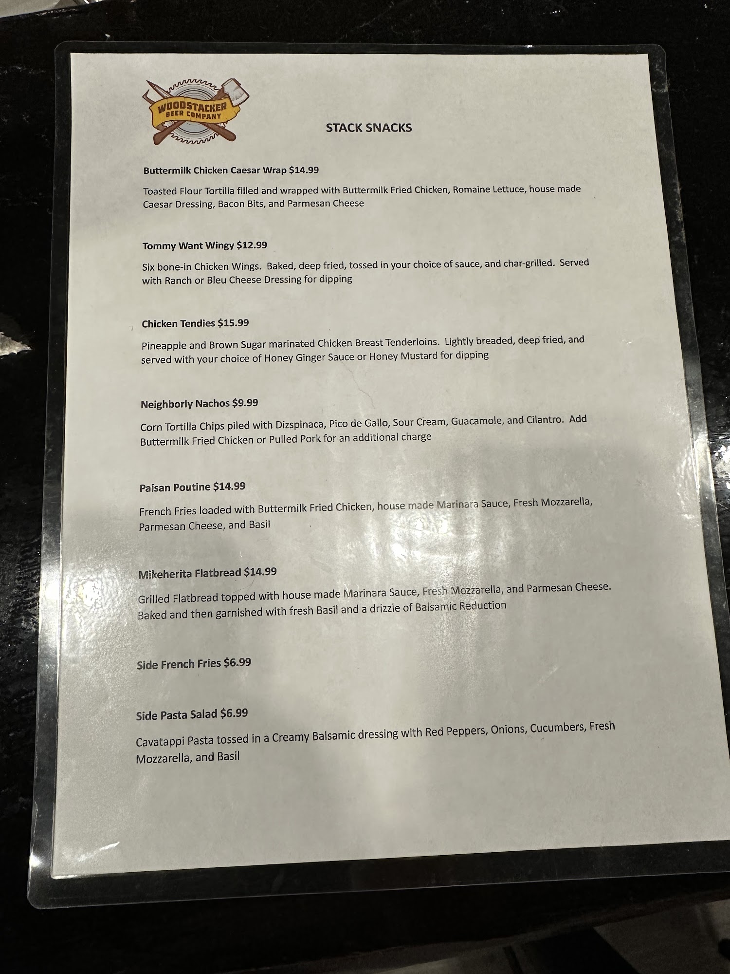Woodstacker Beer Company Menu