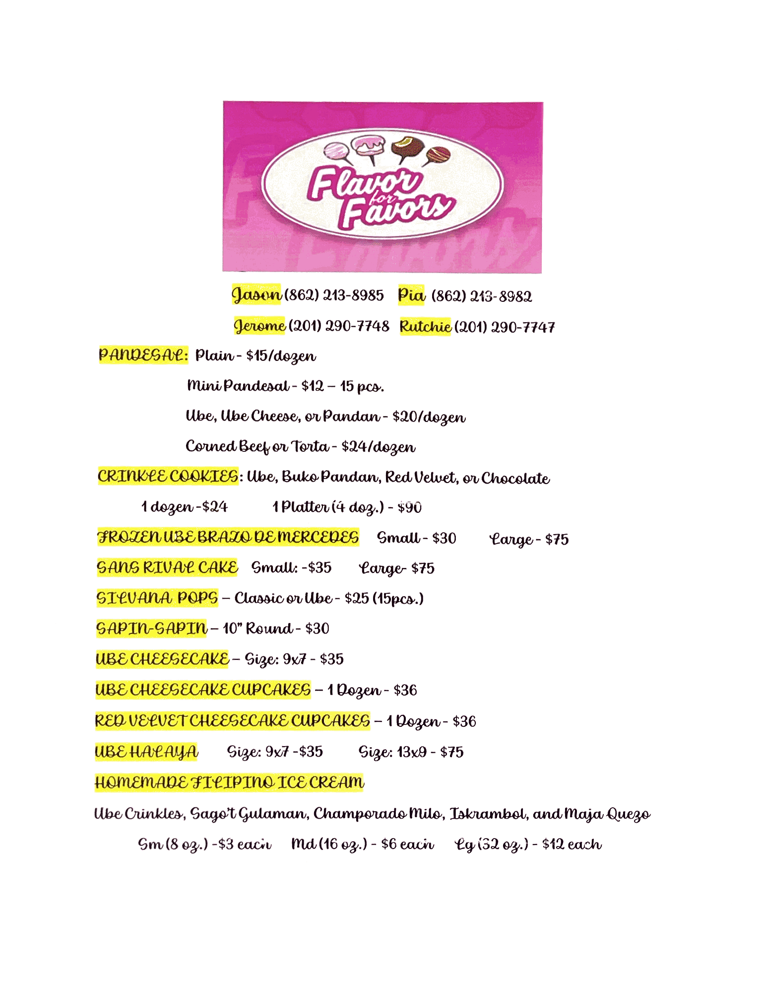 Flavor For Favors LLC Menu