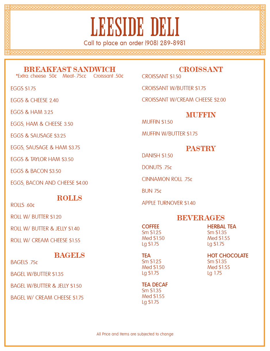Leeside Deli Menu