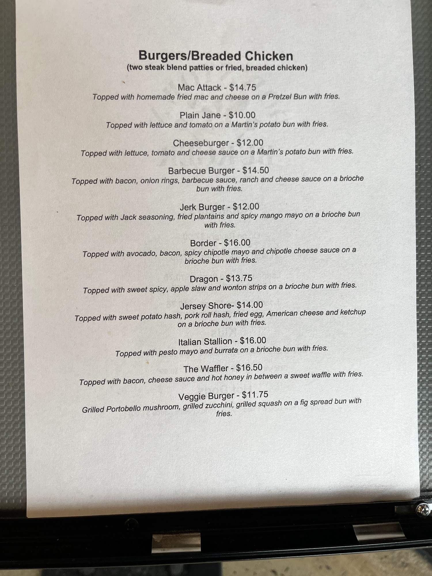 Downtown Burger Menu