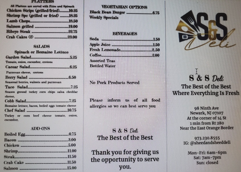 S&S Deli Menu