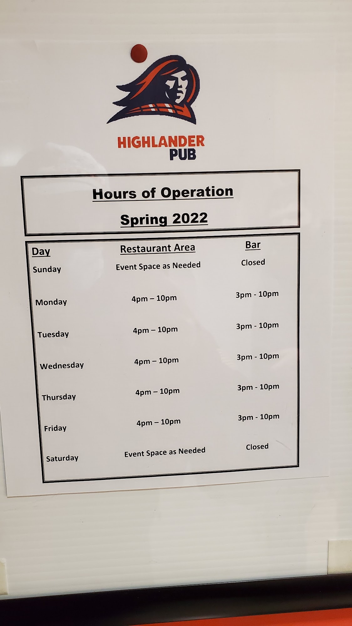 Highlander Pub Menu