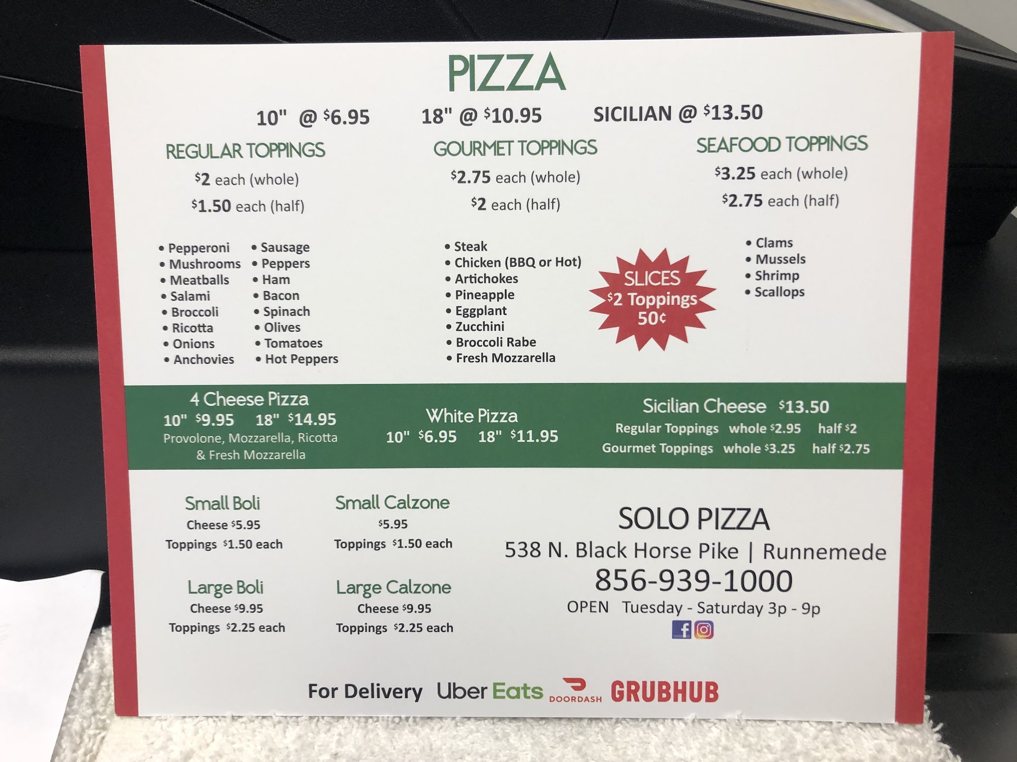 Solo Pizza Menu