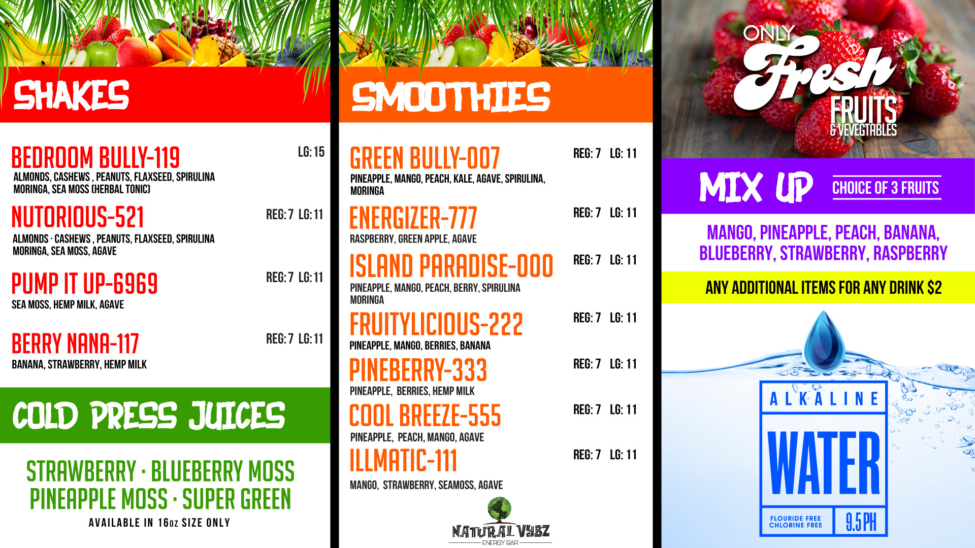 Natural Vybz Energy Bar Menu