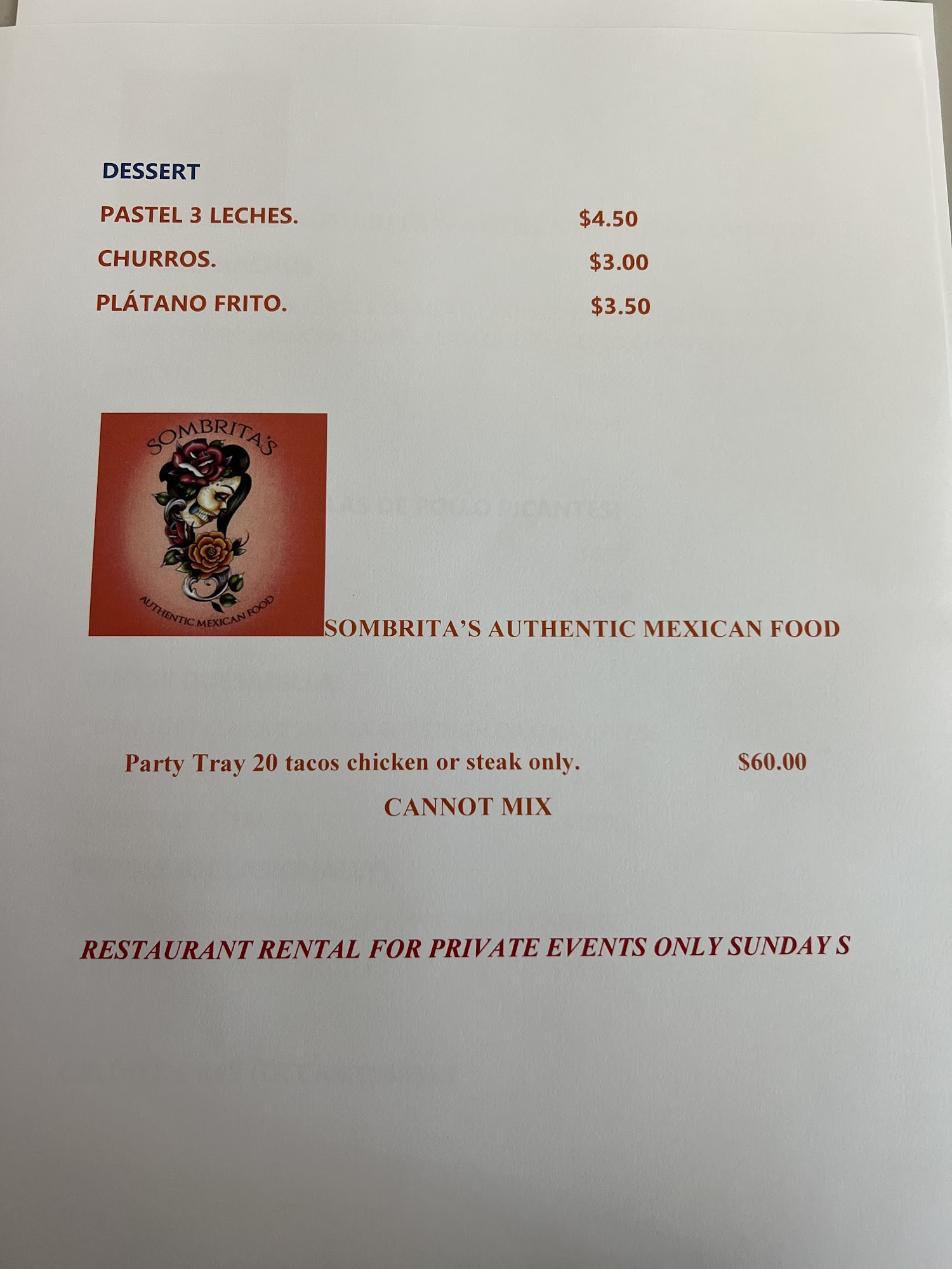 Sombrita's Authentic Mexican Food Menu