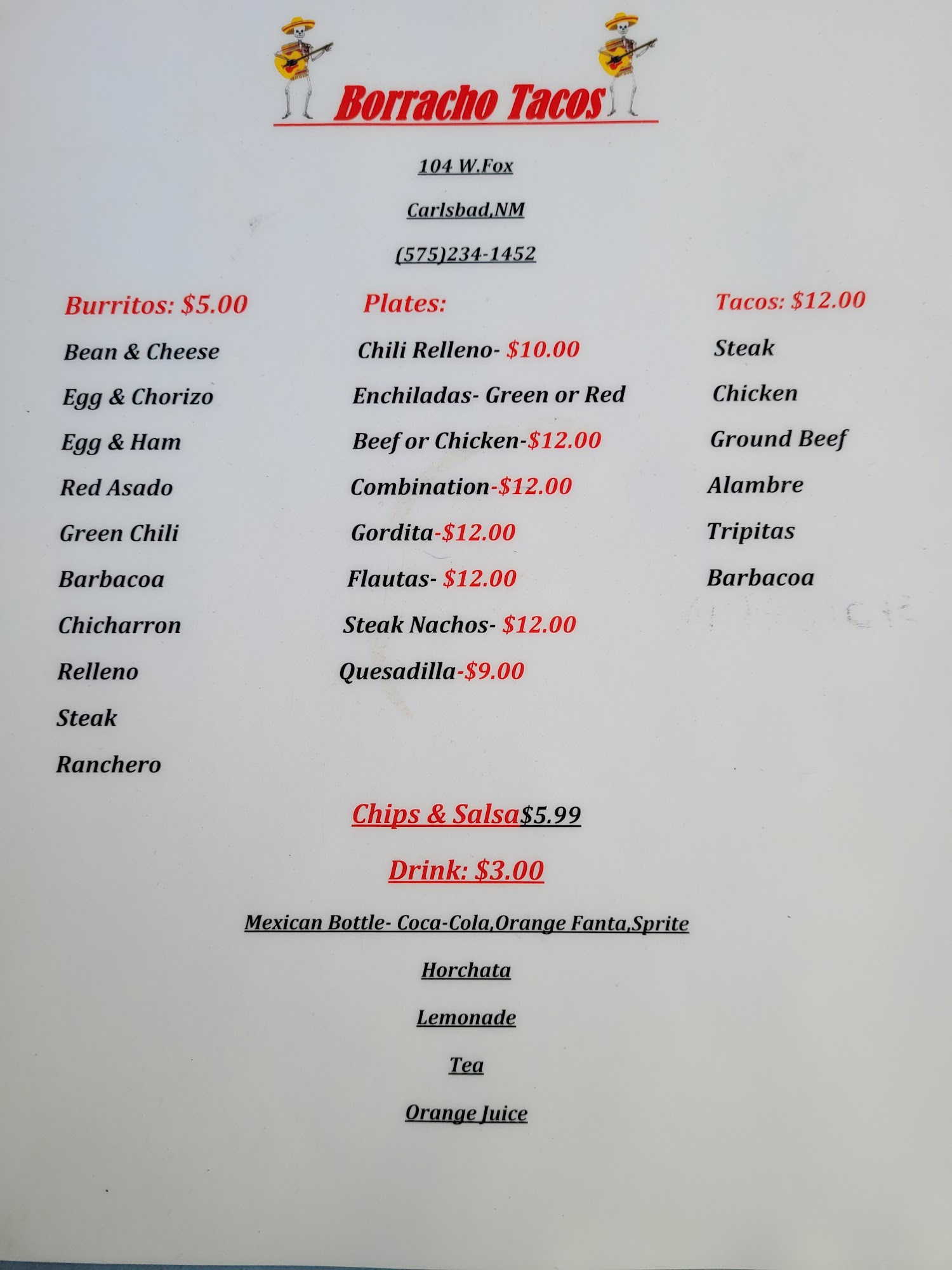 Borracho Tacos Restaurant Menu