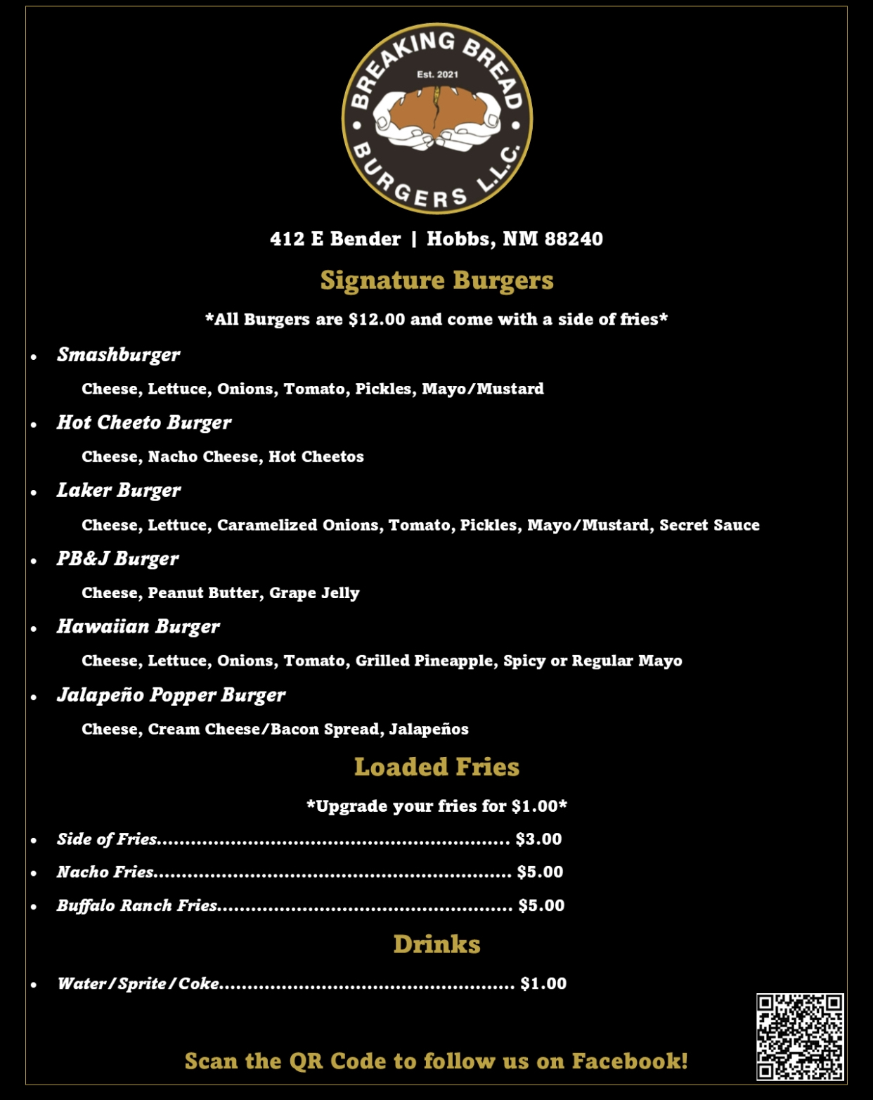 Breaking Bread Burgers LLC Menu