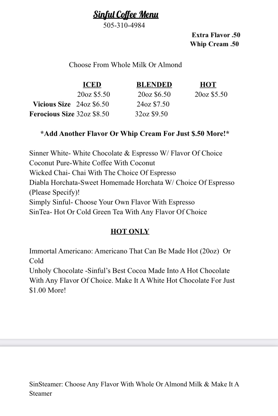 Sinful Espresso Menu