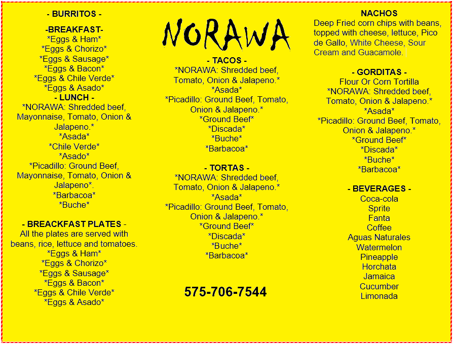Norawa Food Truck Menu
