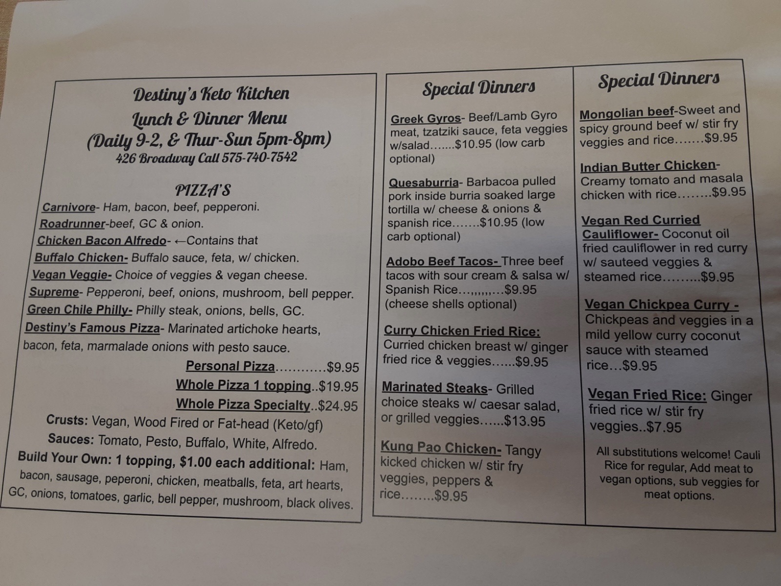 Destiny's Kitchen Menu