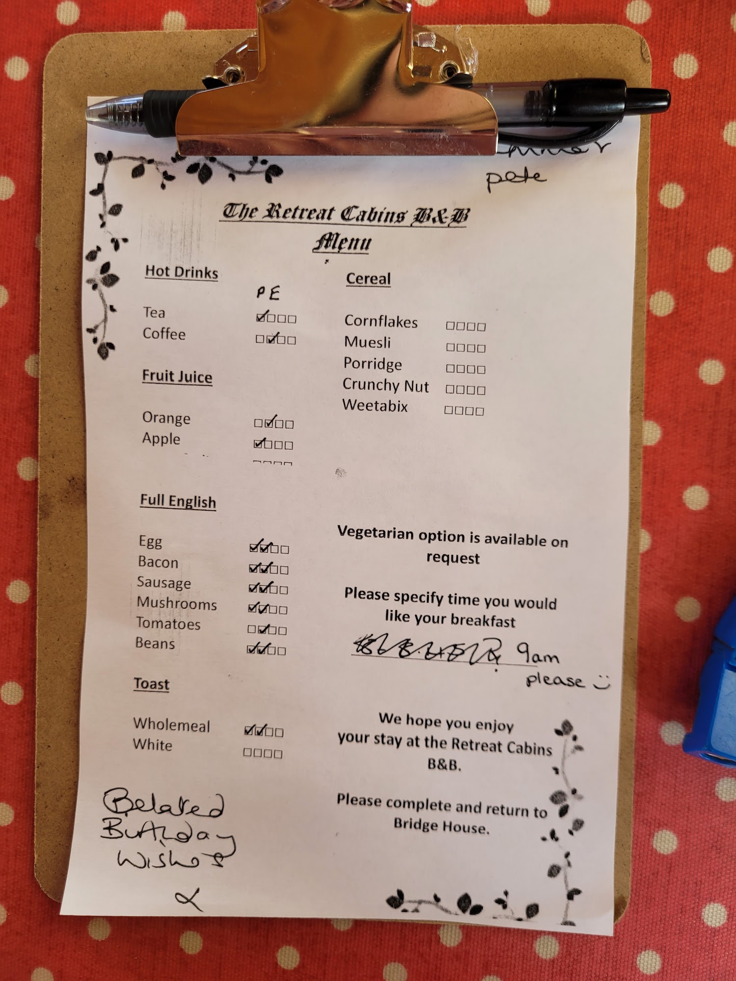 The Retreat Cabins B&B Menu