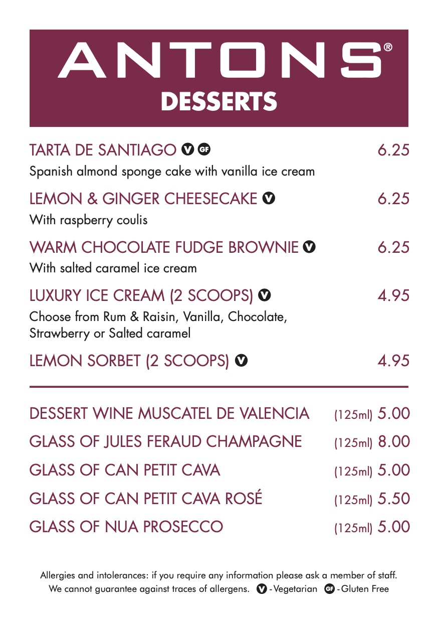 Antons Cafe Bar Grill Menu