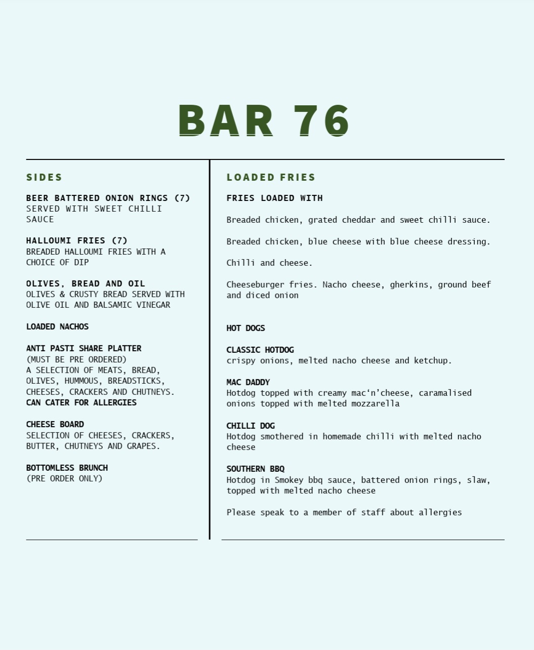 Bar 76 Menu
