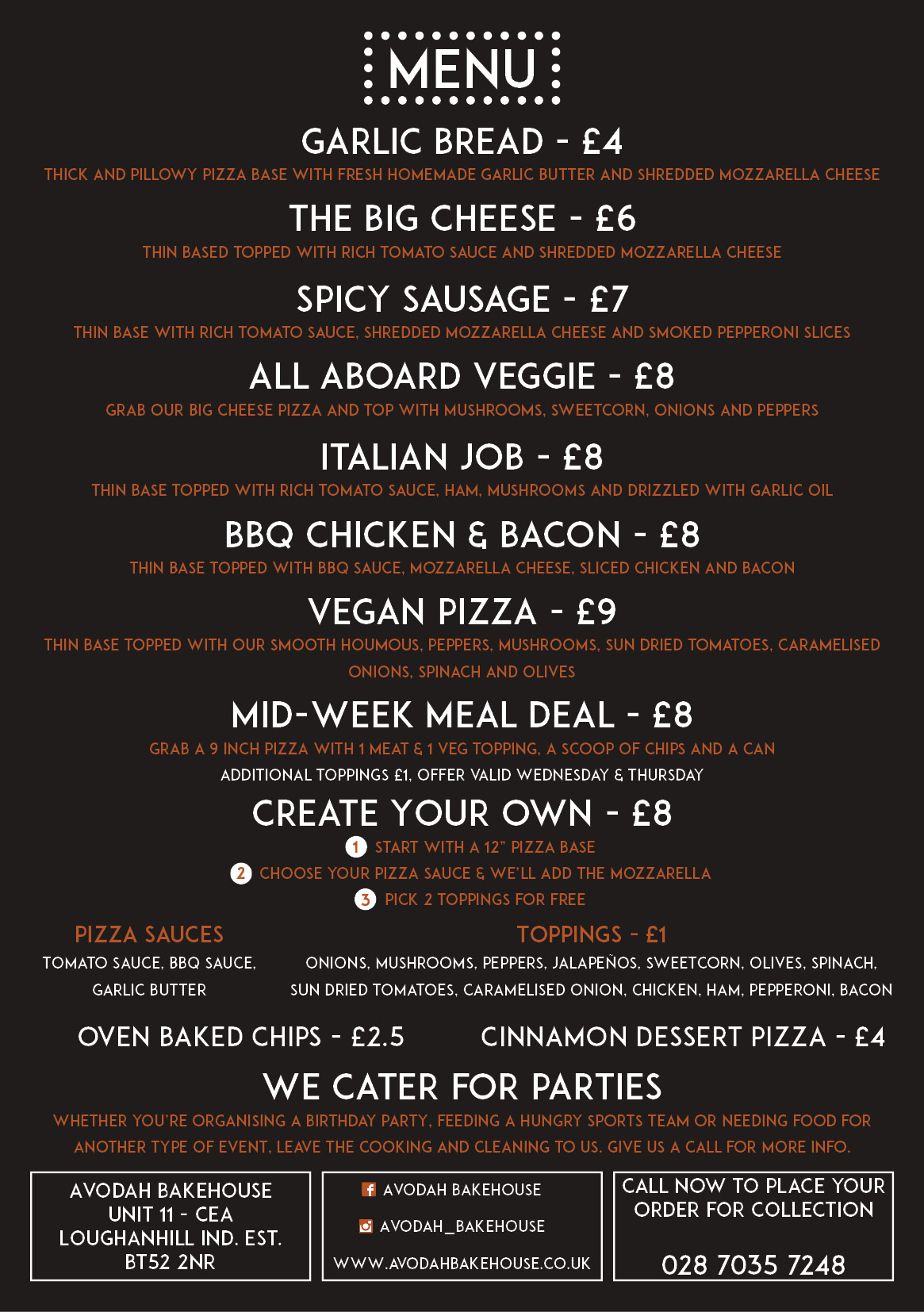 Avodah Bakehouse Menu