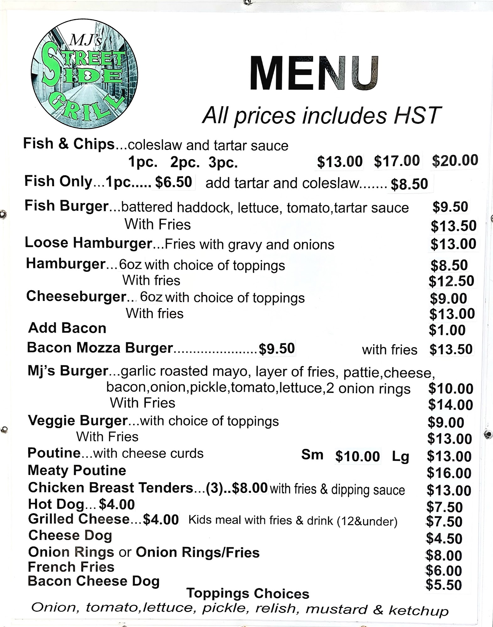 MJ's Streetside Grill Food Truck Menu