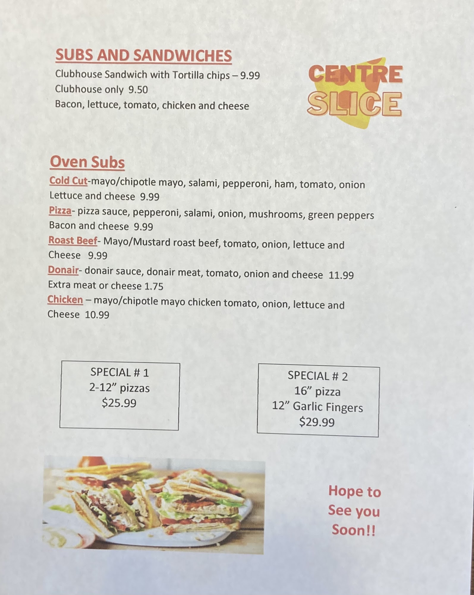 Centre Slice Pizza Menu