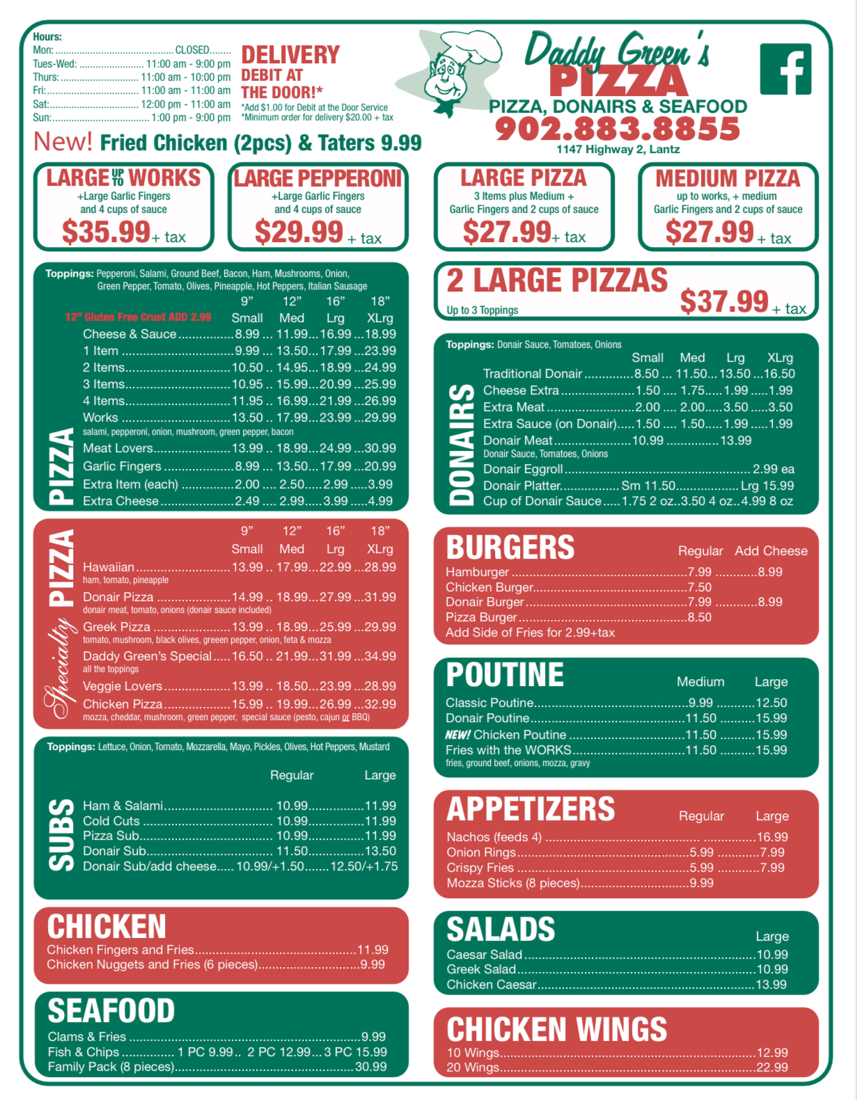 Daddy Green's Pizza Menu
