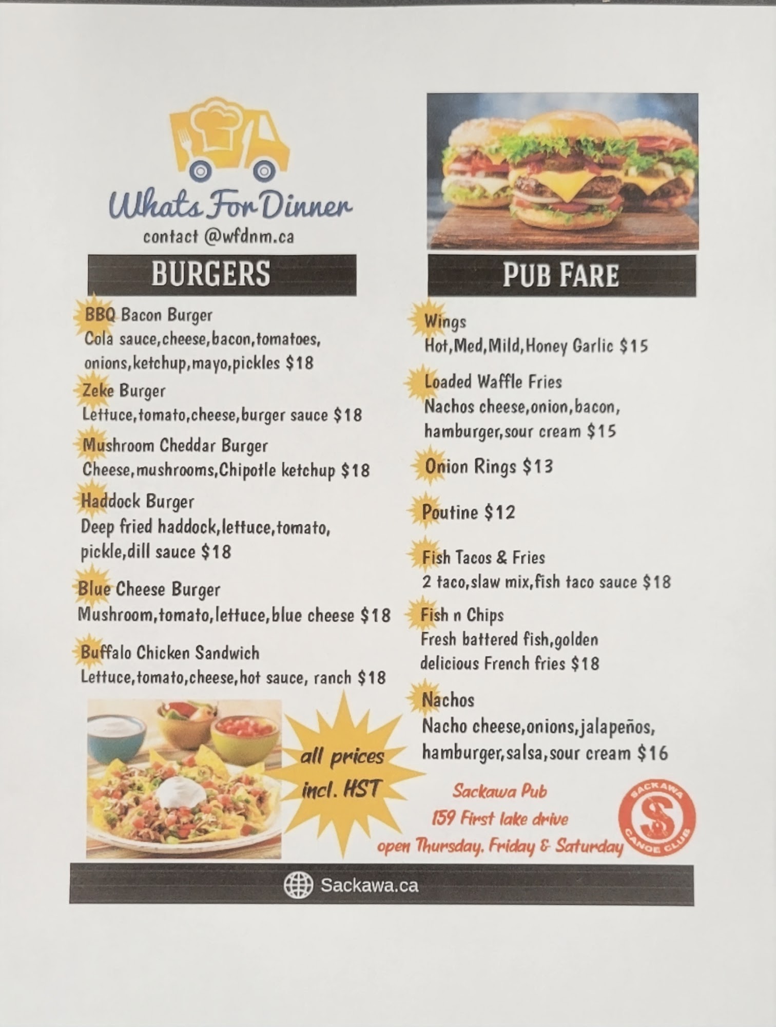 What's For Dinner Sackawa Canoe Club Menu