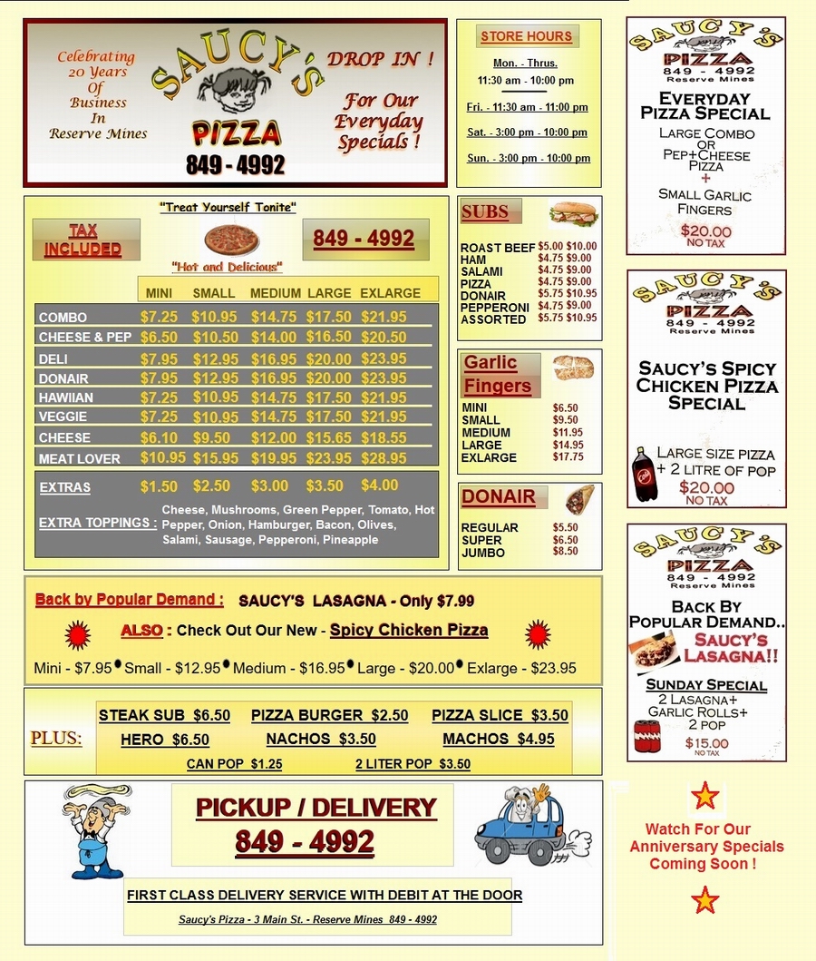 Saucy's Pizza Menu