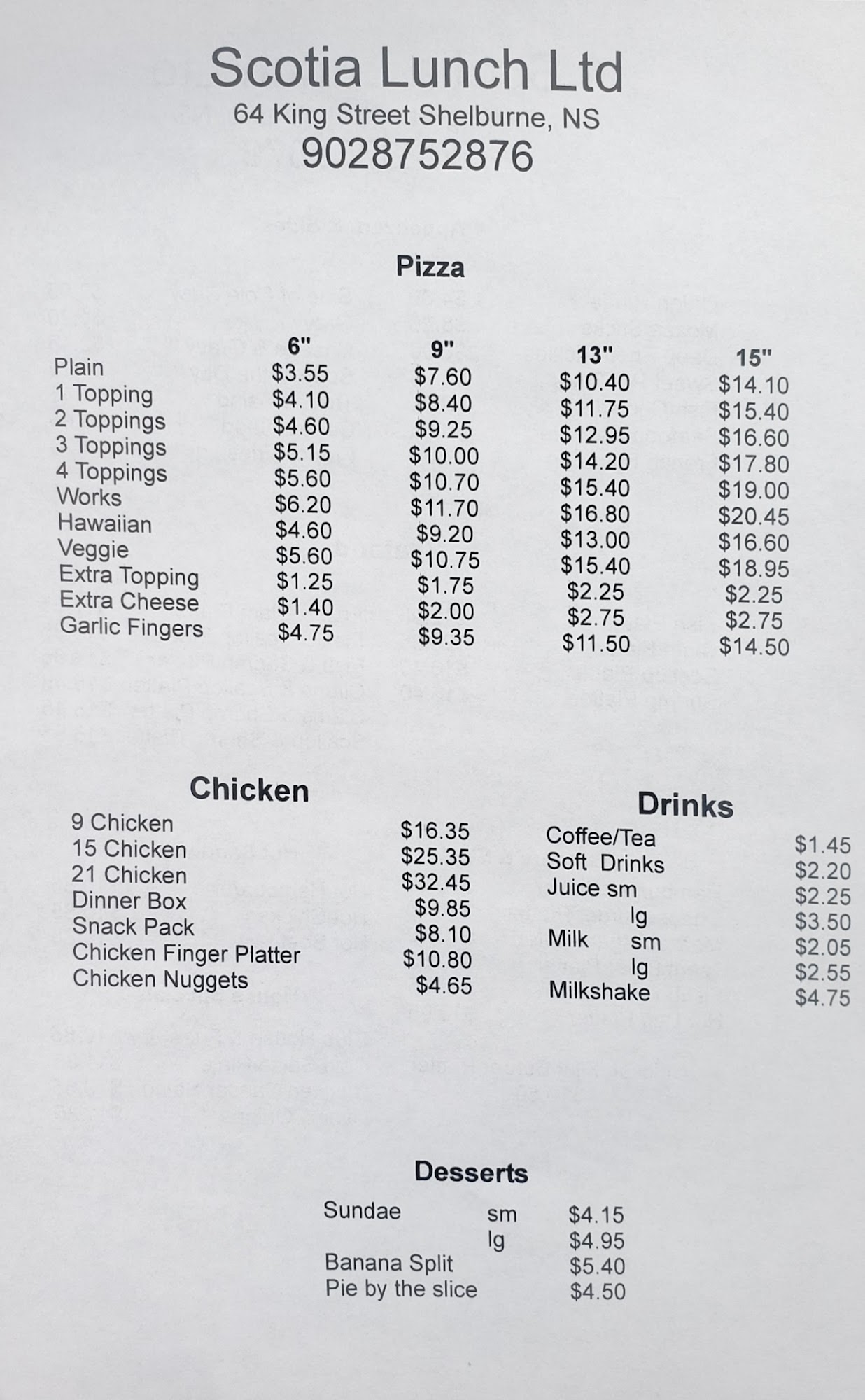 Scotia Lunch Menu