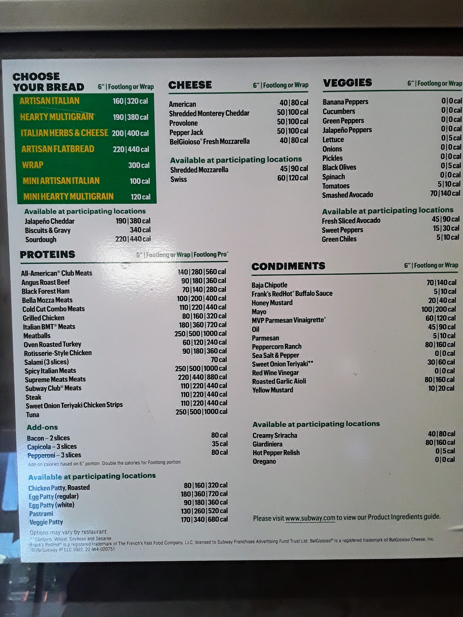 Subway Menu