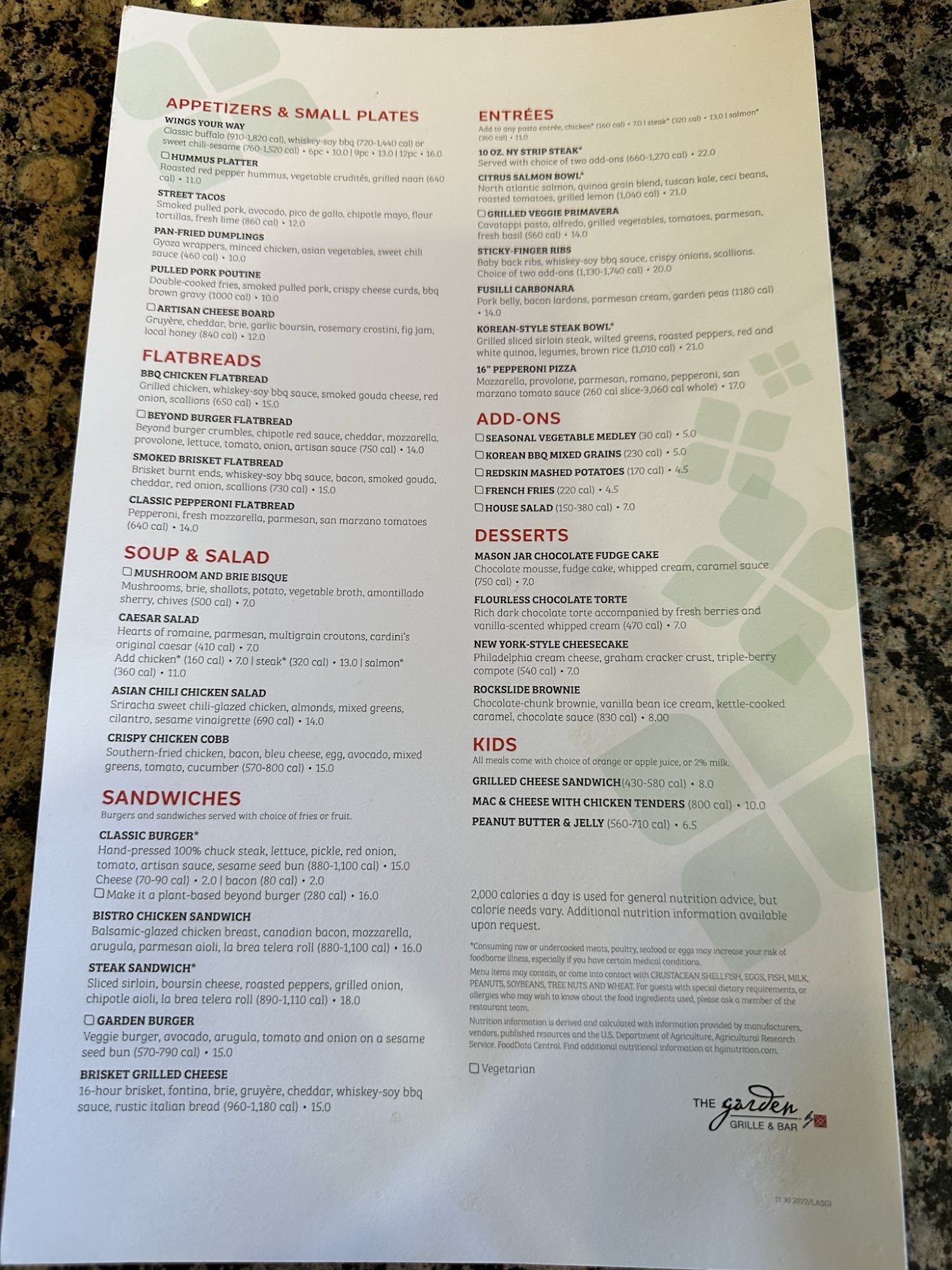 The Garden Grille & Bar Menu
