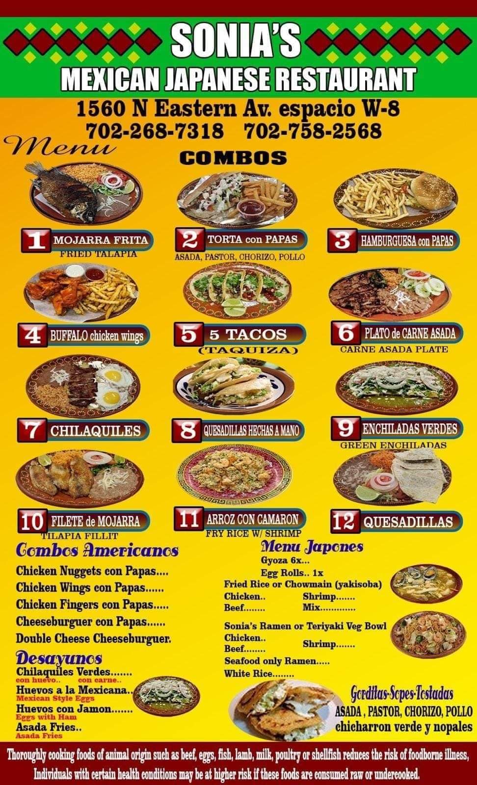Sonia's Cuisine Menu