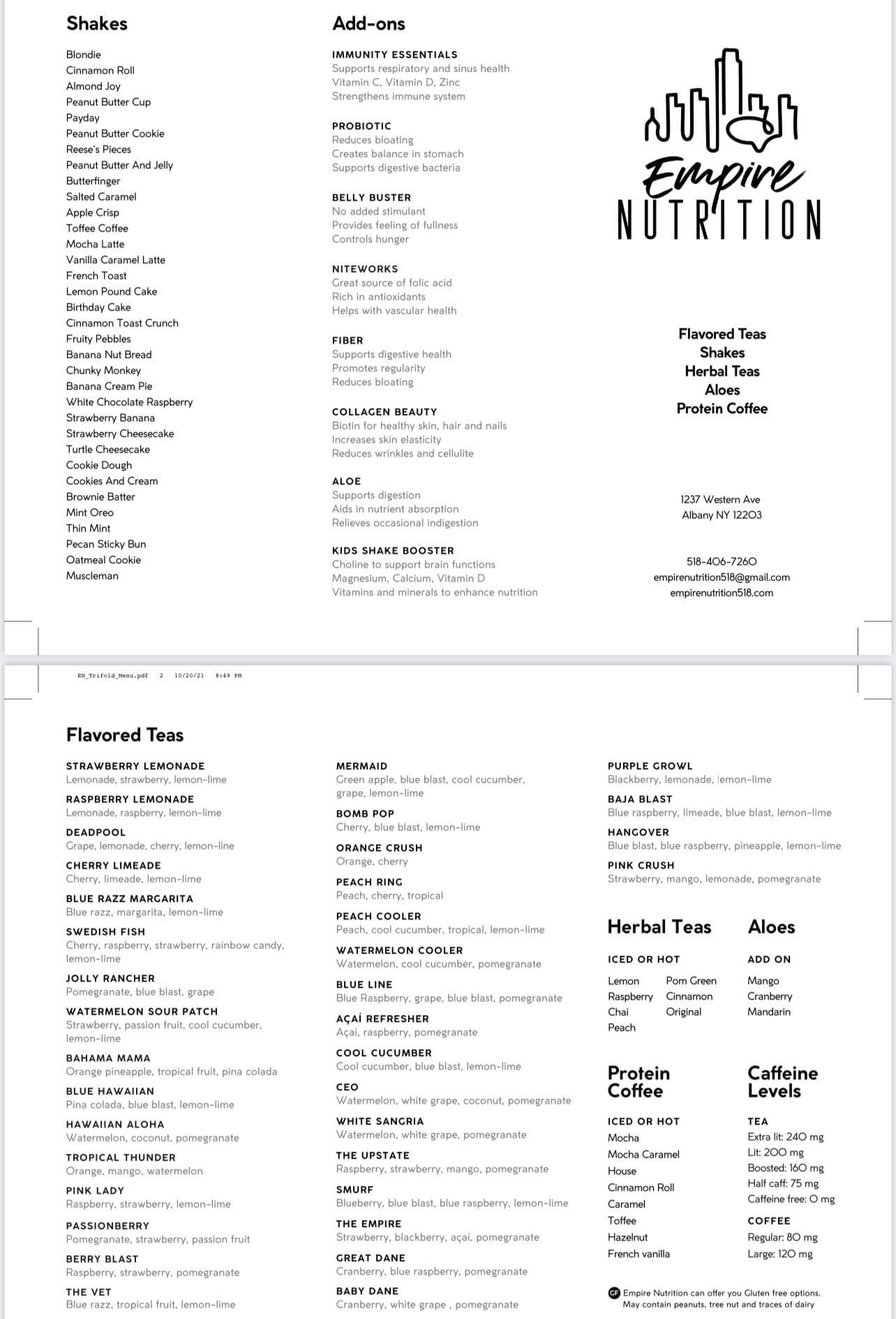 Empire Nutrition Menu