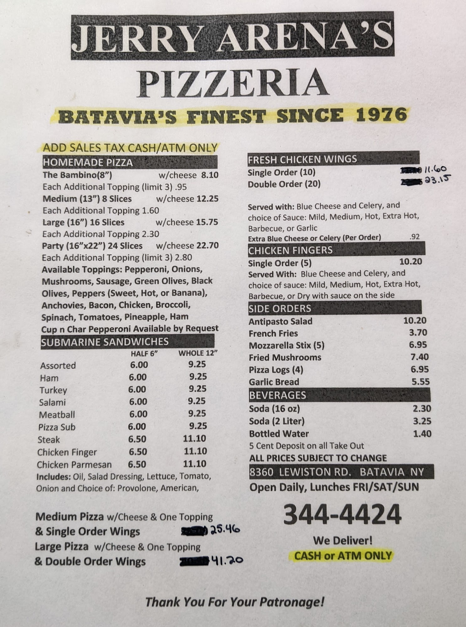 Jerry Arena's Pizzeria Menu