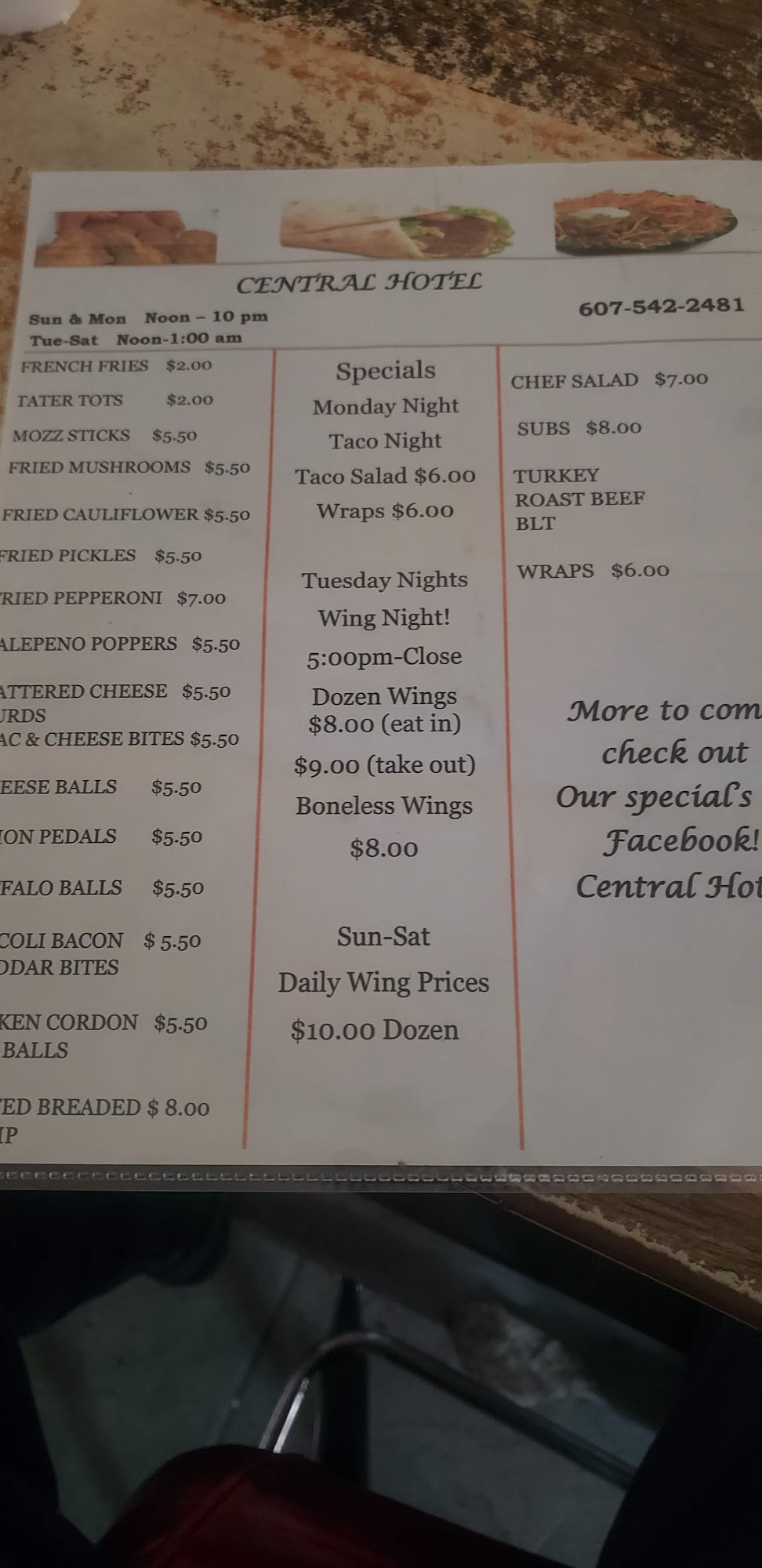 Central Hotel Menu