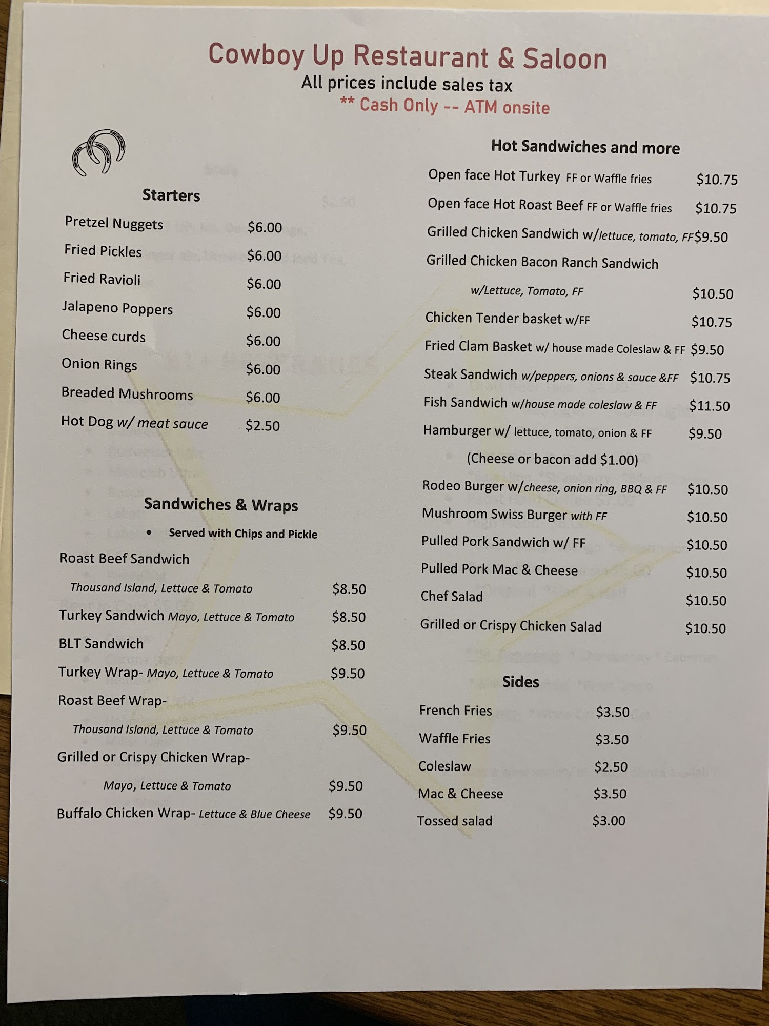 Cowboy Up Restaurant & Saloon Menu