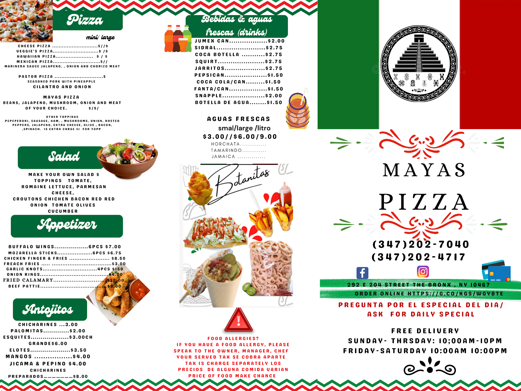 mayas pizza Menu
