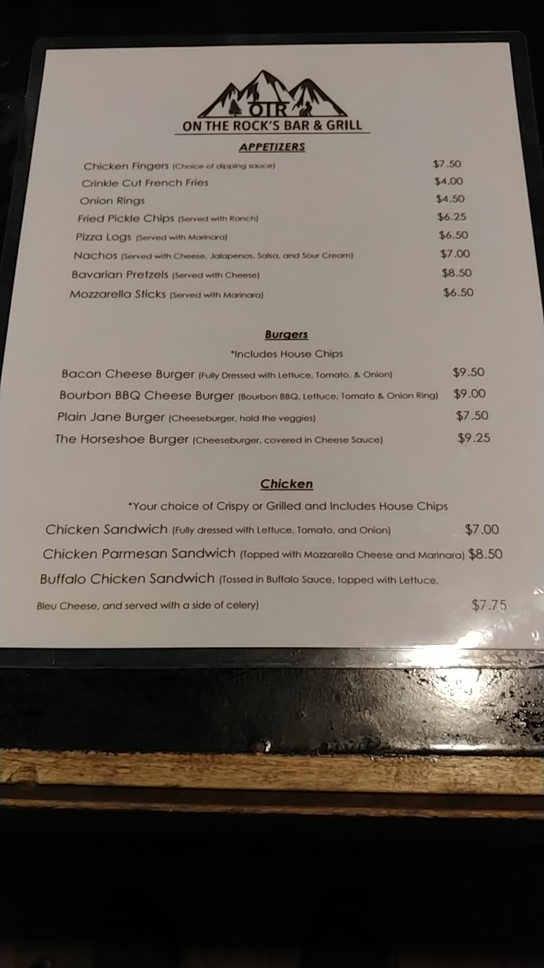 On The Rocks Bar & Grill Menu