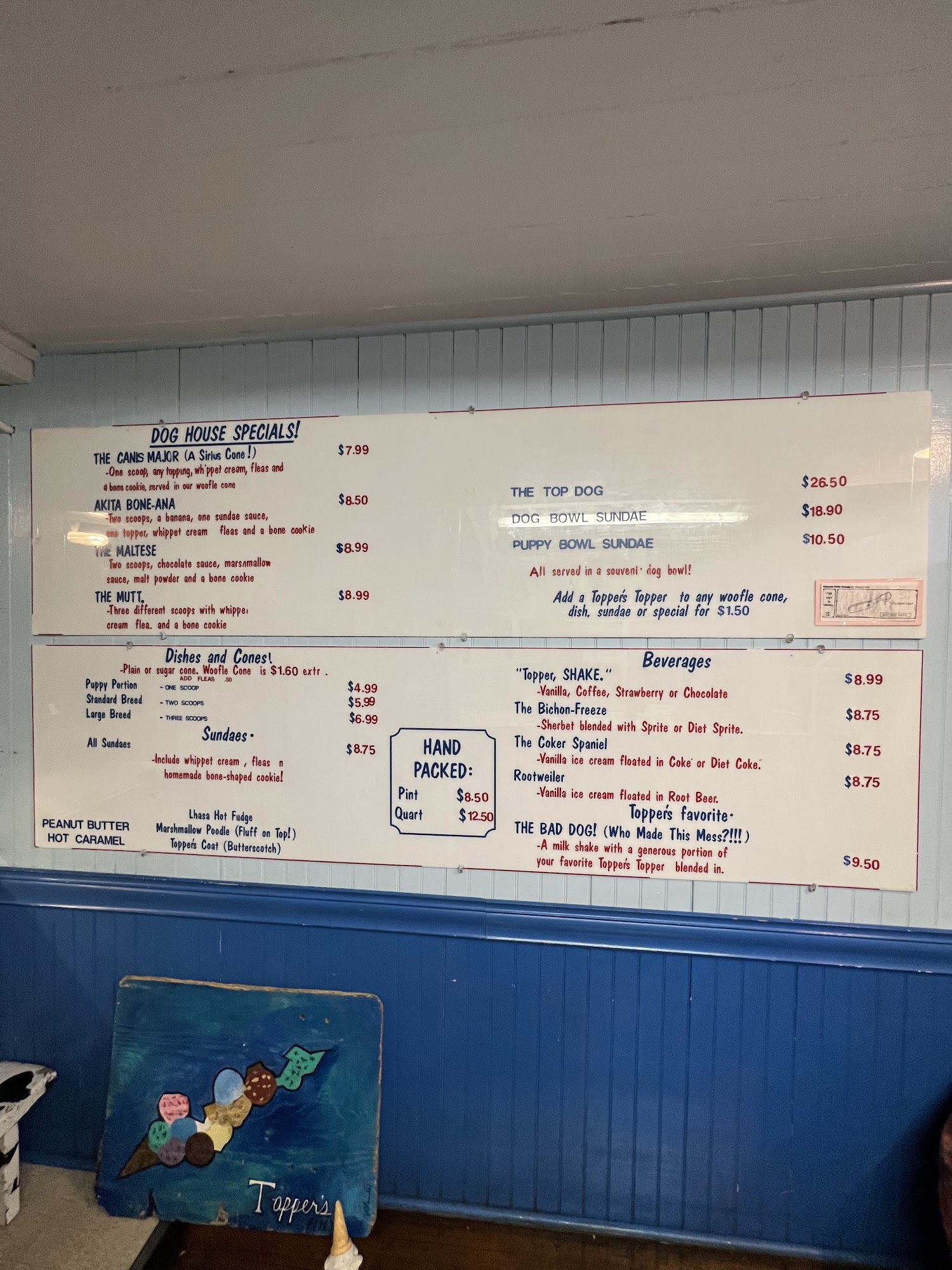 Topper’s Ice Cream Menu