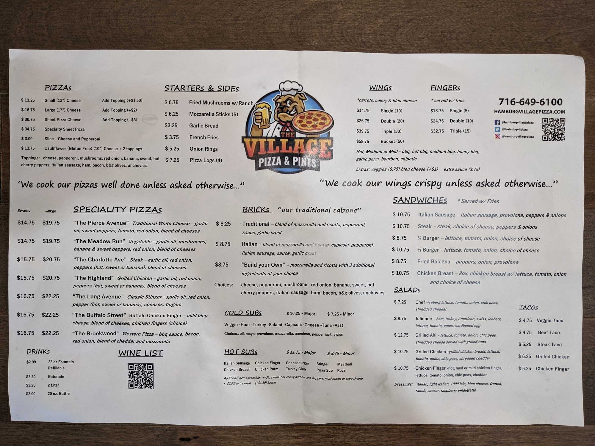 The Village Pizza & Pints Menu